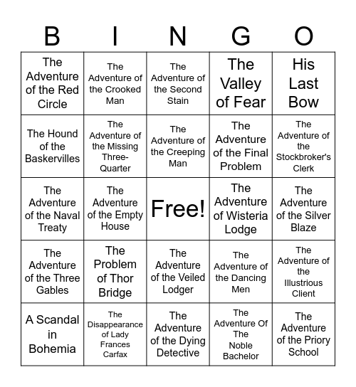 Sherlock Holmes Stories Bingo Card