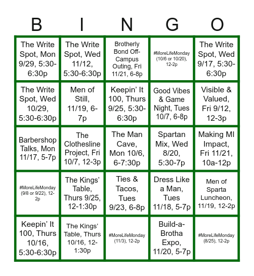 Men's Initiative Engagements Bingo Card