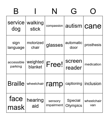 Disability and Inclusion Bingo Card