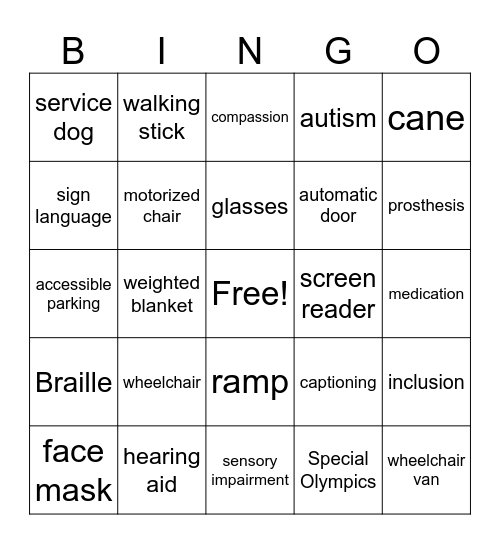 Disability and Inclusion Bingo Card
