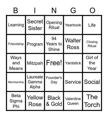 BETA SIGMA PHI BINGO Card