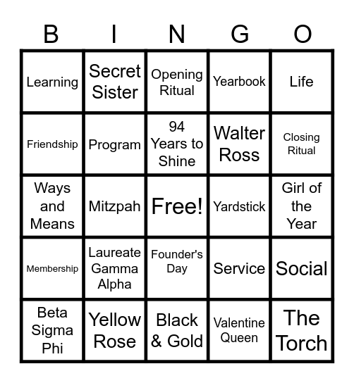 BETA SIGMA PHI BINGO Card