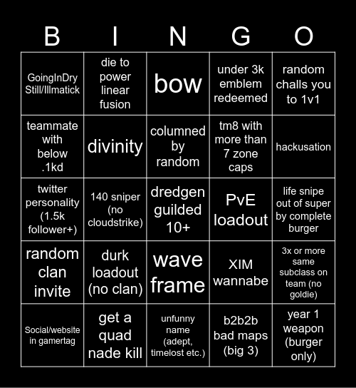 D2 Momentum Control Bingo Card