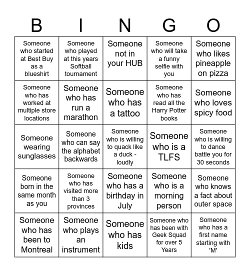 Geek Squad Agent Bingo Card