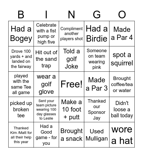 Lindsay Women's 100 Days of Golf BINGO Card