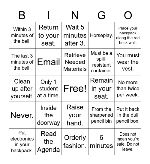 Classroom Procedures Bingo Card