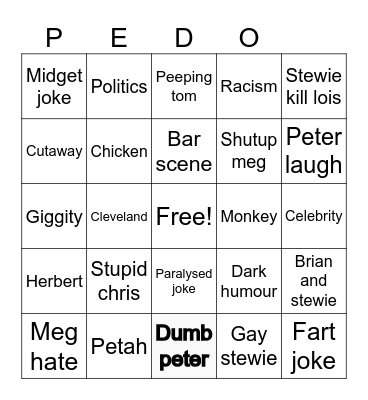 Family guy Bingo Card