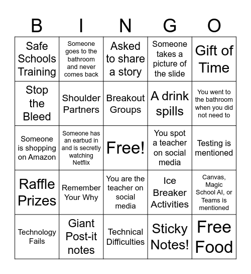 Back to School Bingo Card