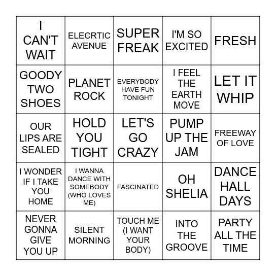 DANCE 1980S Bingo Card
