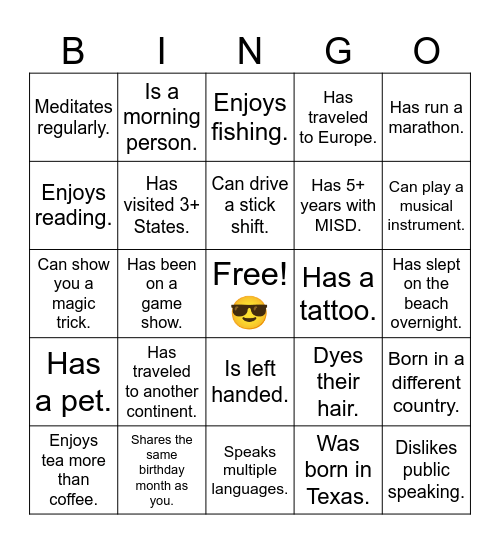 MISD Student Nutrition Bingo Card