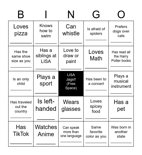 Getting To Know You Bingo Card