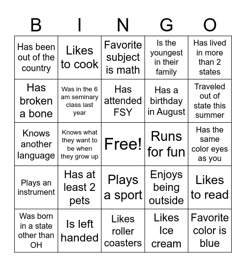 Seminary Bingo Card