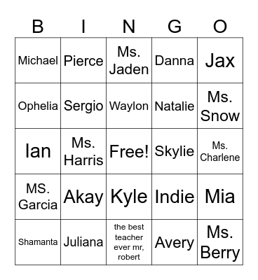 School Bingo Card