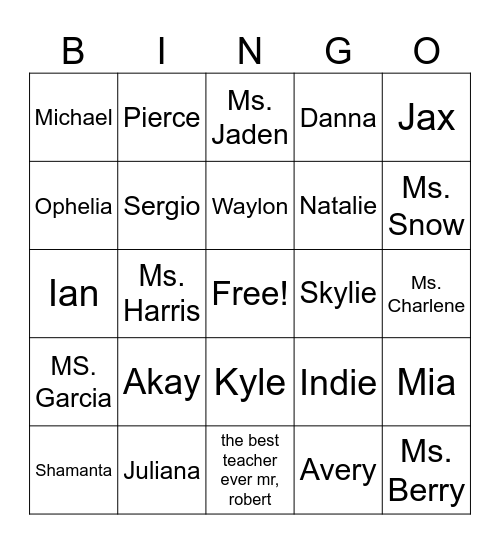 School Bingo Card