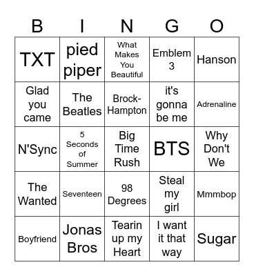 Boy Bands Bingo Card