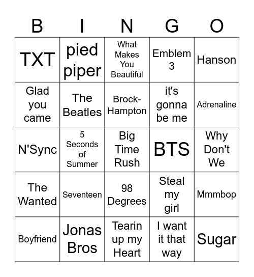 Boy Bands Bingo Card