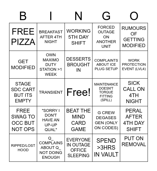 OUTAGE BINGO Card