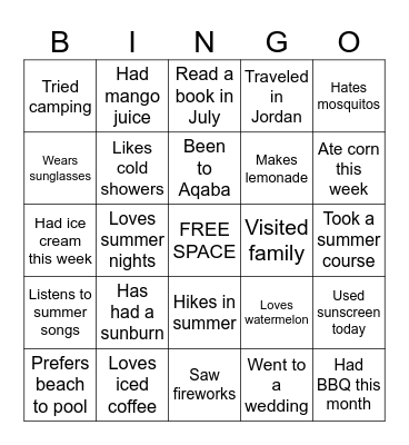 Summer Bingo Card