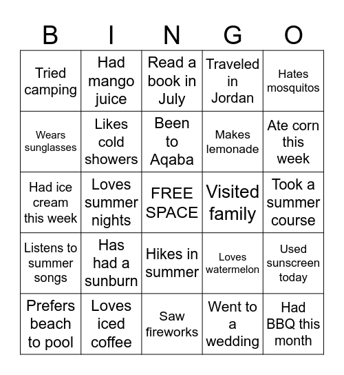 Summer Bingo Card
