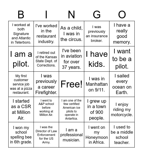 Million Air ILO Bingo Card