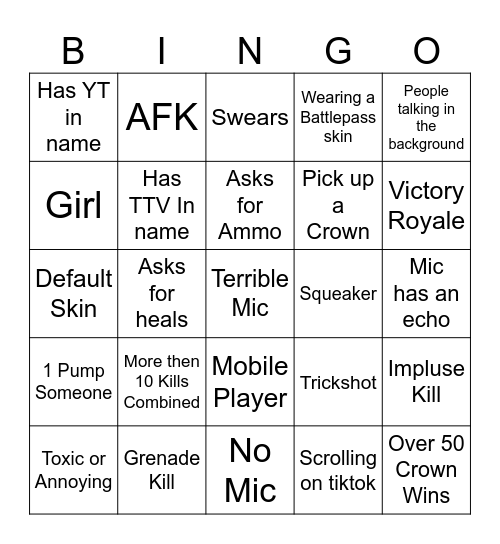 Fortnite Fill Bingo Card