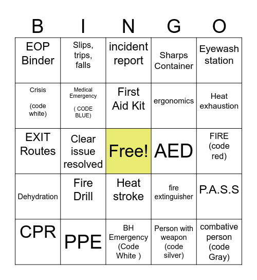 Safety Bingo Card