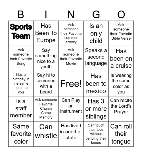 FBCR Camp BINGO Card