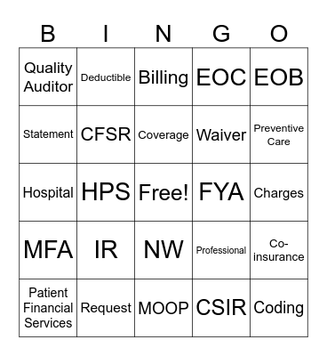 Patient Financial Services Bingo Card