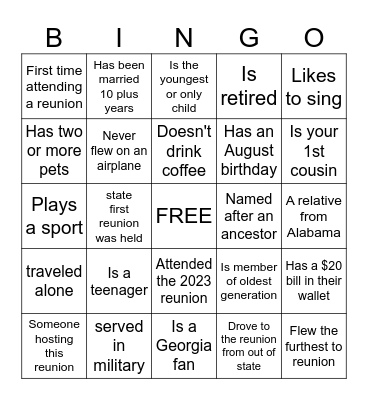 Carlisle Family Reunion Bingo Card
