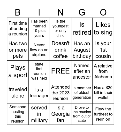 Carlisle Family Reunion Bingo Card