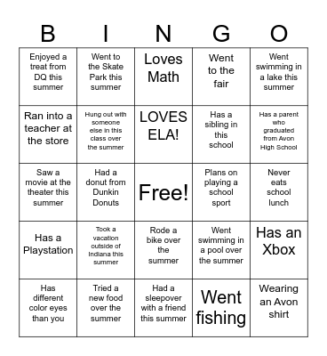 Back To School Bingo Card