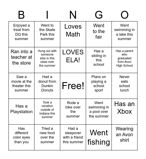 Back To School Bingo Card