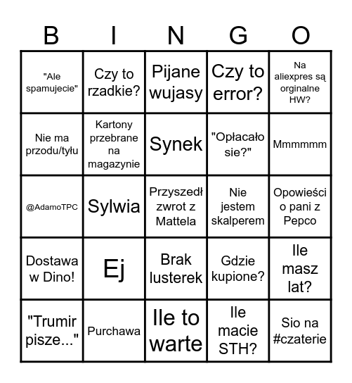 Bingo ŁowcyHotwheels Bingo Card