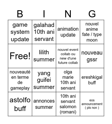 fgo 10 ans Bingo Card