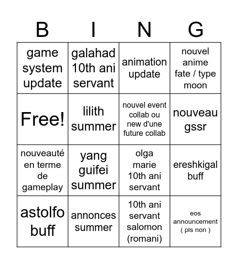 fgo 10 ans Bingo Card