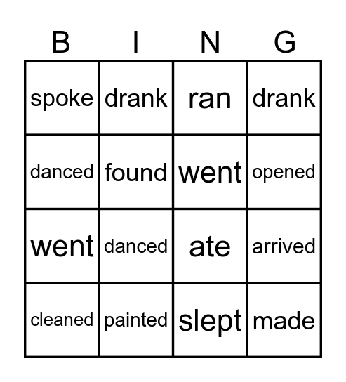 Verbs in past F+4 Bingo Card