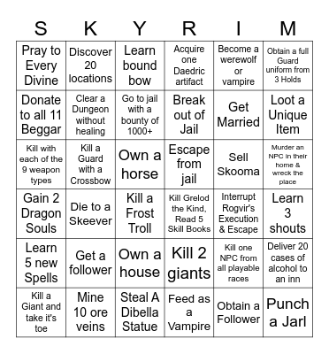 Skyrim Big Fun Bingo Card