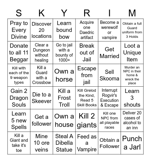 Skyrim Big Fun Bingo Card