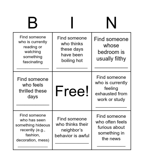 Extreme adjectives Bingo Card