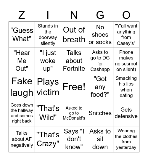 Zingo Bingo Card
