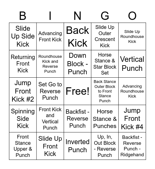 Intermediate Karate Bingo Card