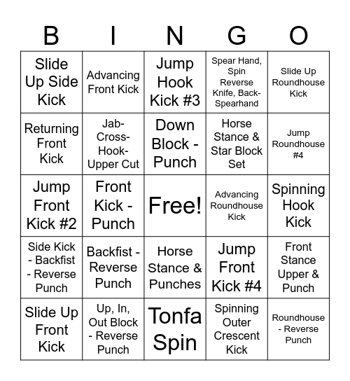 Advanced Karate Bingo Card