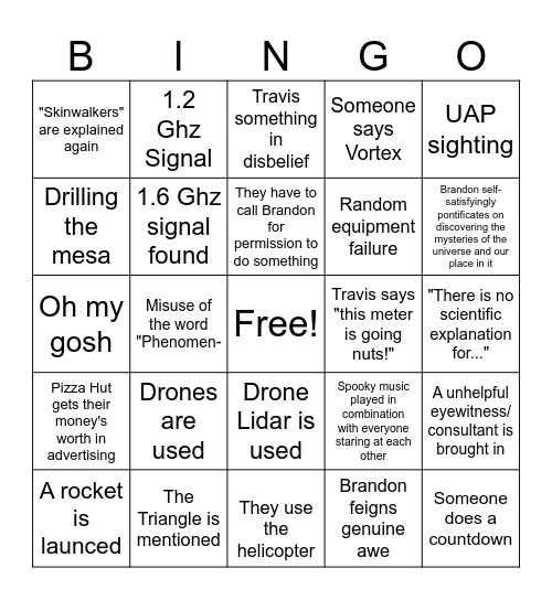 Skinwalker Ranch Bingo Card
