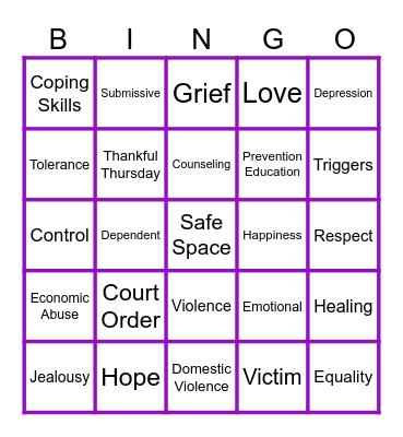 Domestic Violence Bingo Card