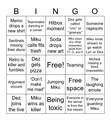 Mikus Live Bingo Card