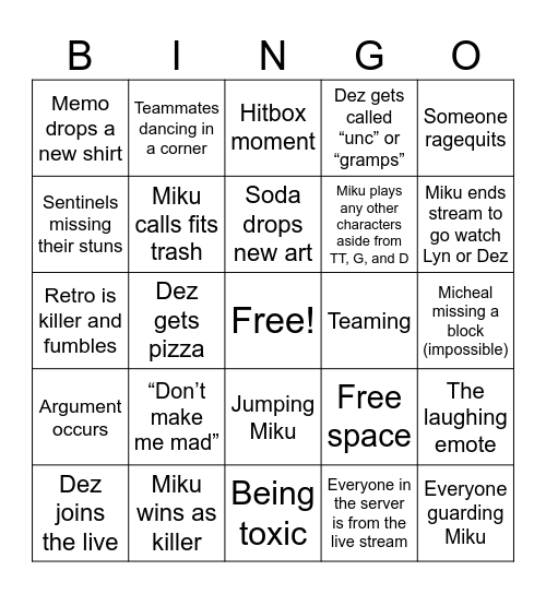 Mikus Live Bingo Card