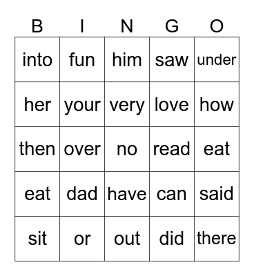 Sight Words Bingo Card
