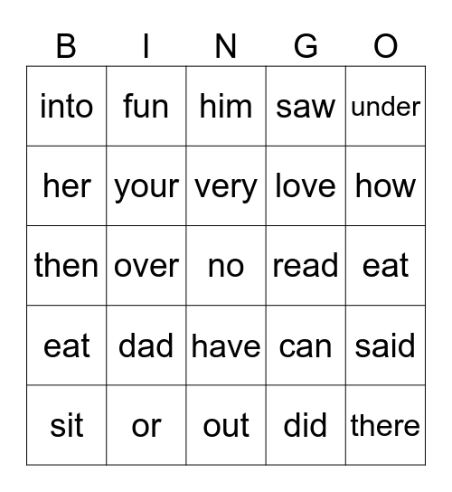 Sight Words Bingo Card
