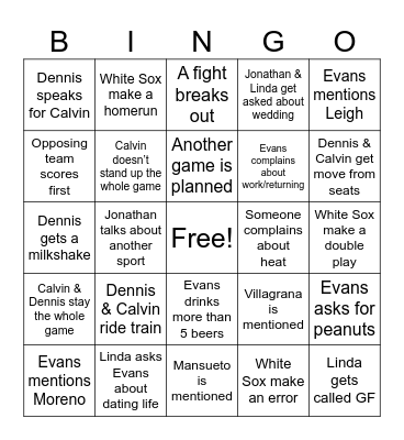 Baseball Outing Bingo Card