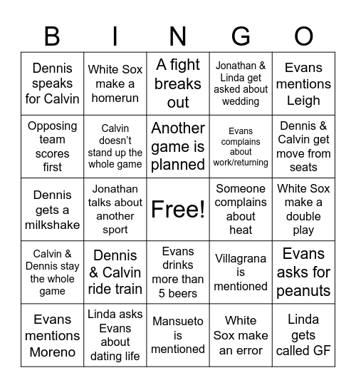 Baseball Outing Bingo Card